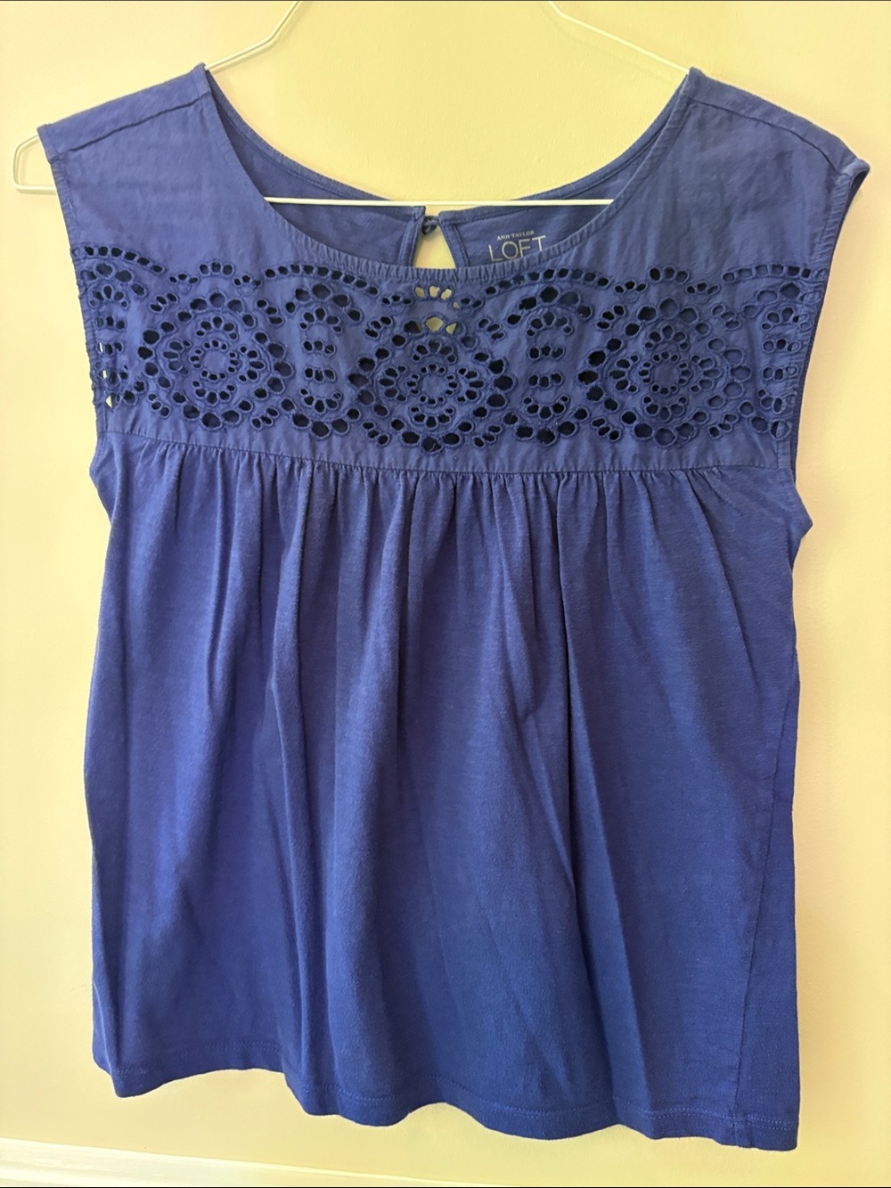 LOFT Blue Crochet Yoke Cap Sleeve Tank